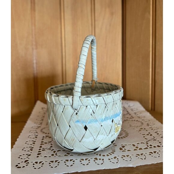Vintage Hand-Painted Rustic Woven Small Easter Basket Bunny Rabbit Spring Decor - Picture 2 of 8